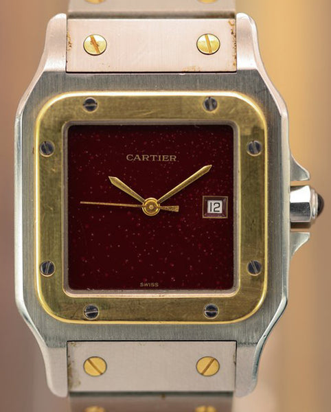 cartier santos tobacco dial Cartier Santos De Cartier 29x41MM Oxblood Red Dial Two-Tone Bracelet ( –  Grailzee