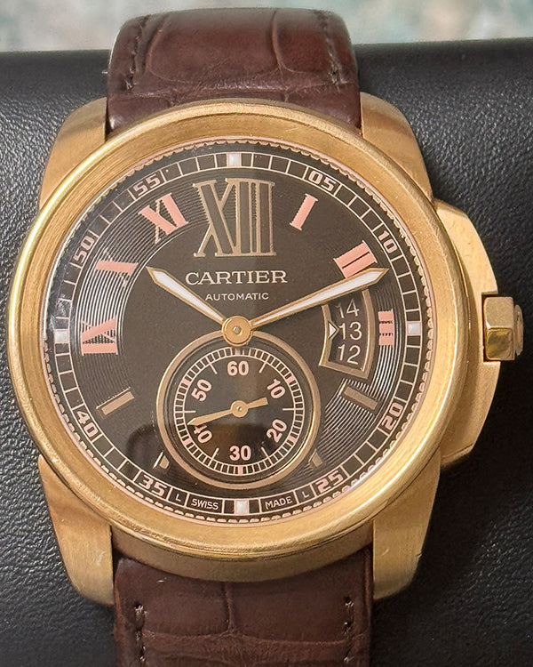 Cartier Calibre De Cartier 42MM 18k Rose Gold Brown Dial Leather Strap (W7100007)