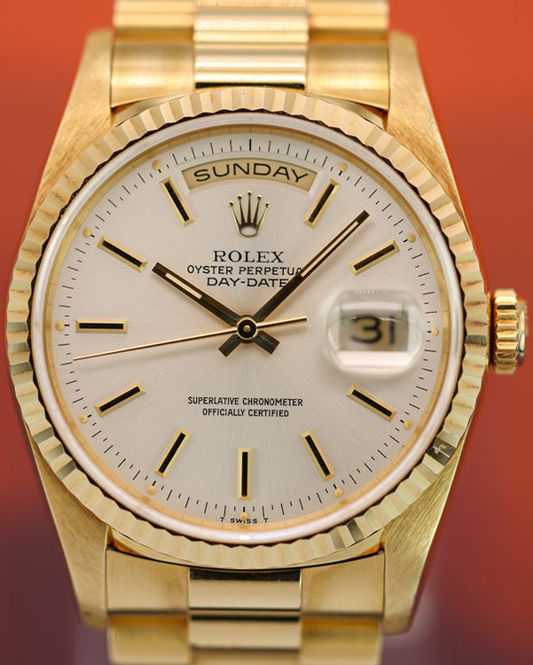 1991 (X Serial) Rolex Day-Date 36MM Silver Dial Yellow Gold President Bracelet (18238)