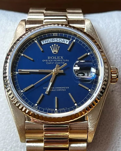 1983 Rolex Day-Date 36MM Blue Dial Yellow Gold President Bracelet (18038)