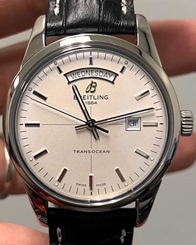 Breitling Transocean Day & Date 43MM Silver Dial Leather Strap (A45310)