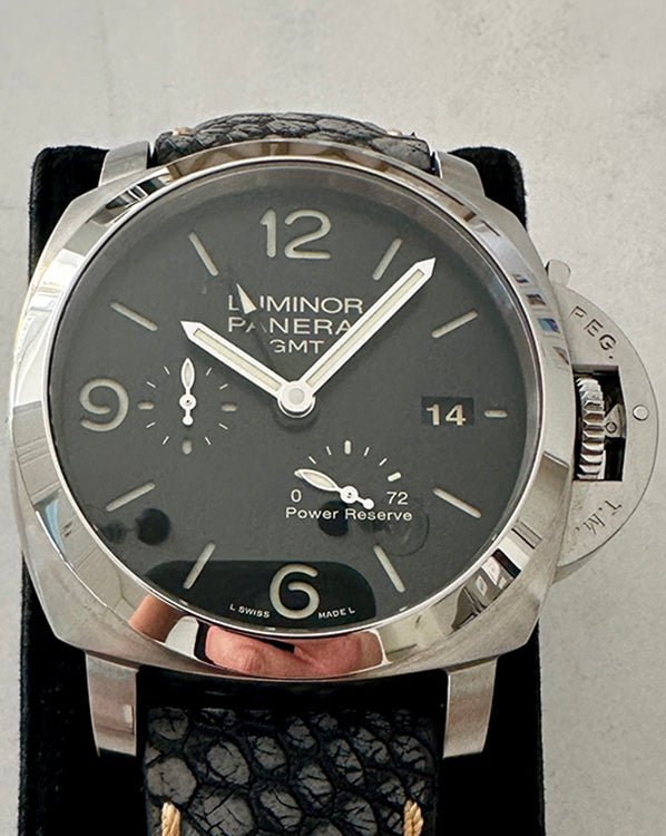 2013 Panerai Luminor 1950 3 Days GMT Power Reserve  44MM Black Dial Aftermarket Leather Strap (PAM00321)