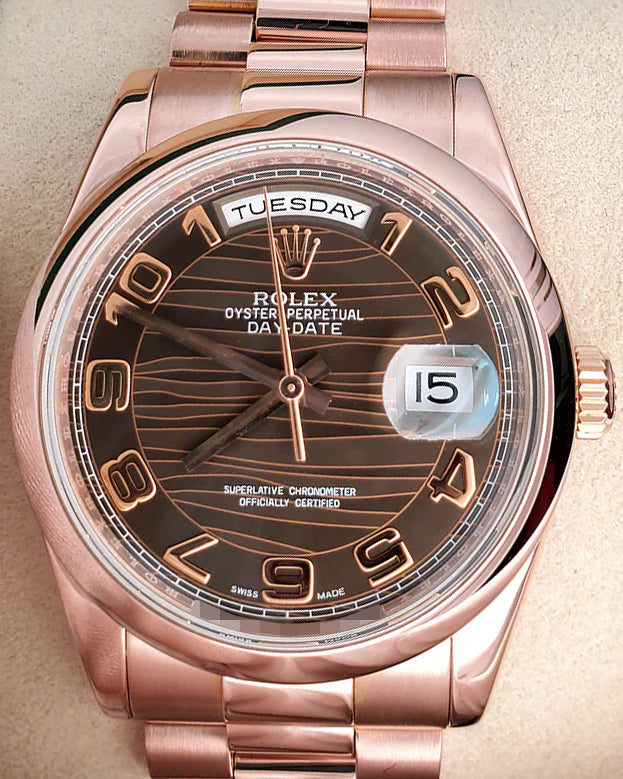 2008 Rolex Day-Date 36MM Wave  Chocolate Dial Rose Gold President Bracelet (118205)