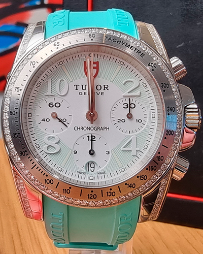 2014 Tudor GranTour Chronograph 41MM, 'Tiffany' Accent Dial, Diamond Bezel, 'Tiffany' Rubber Strap (20310)