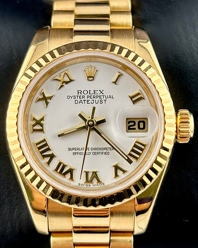 Rolex Lady-Datejust 26MM White Dial Yellow Gold President Bracelet (179178)