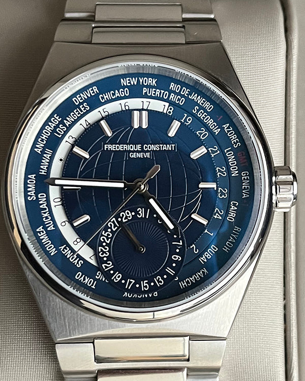 2024 Frederique Constant Worldtimer 41MM Blue Dial Steel Bracelet (FC-718N4NH6B)