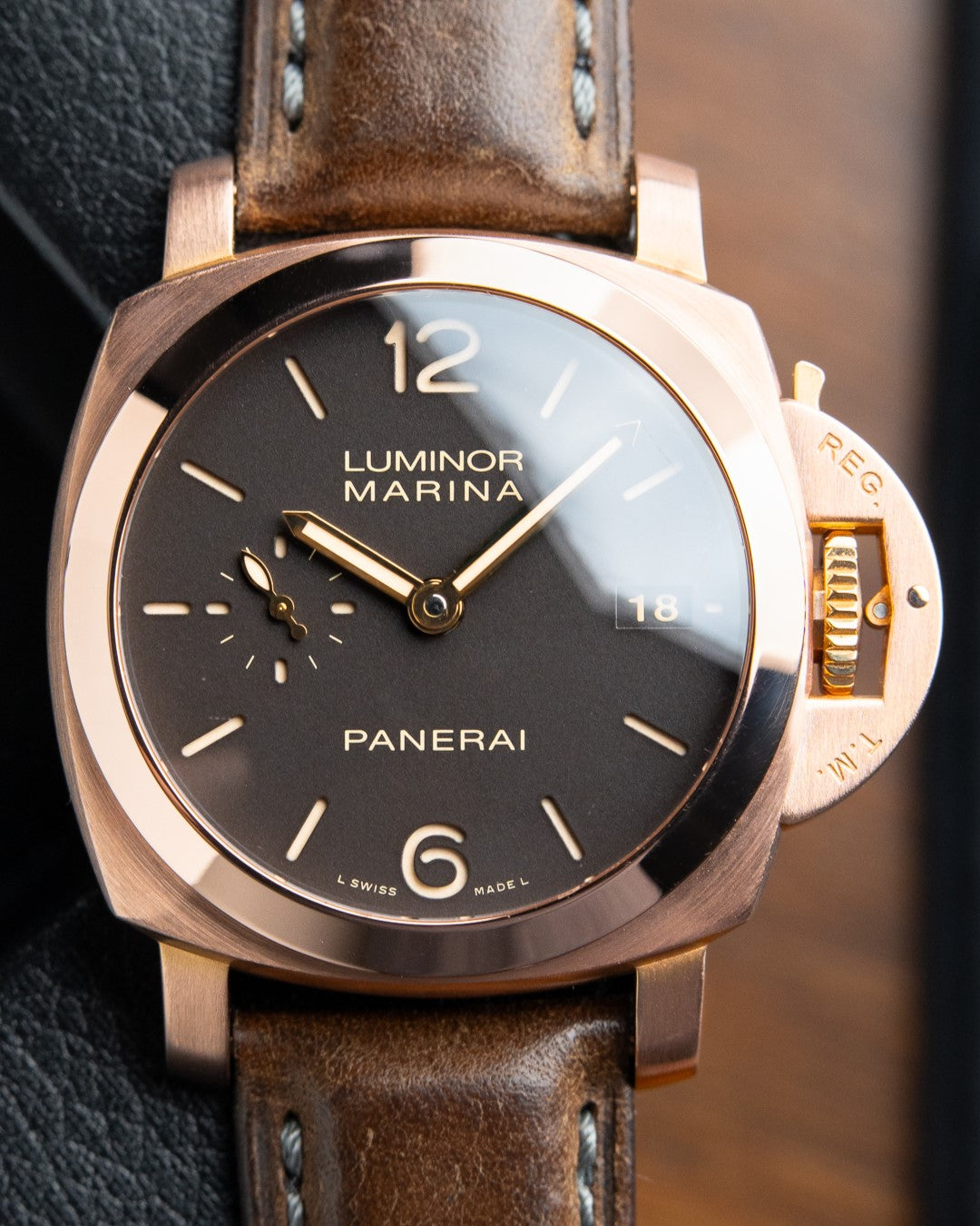 Panerai Luminor Marina 42MM Brown Dial Rose Gold Case Leather Strap (PAM00393)