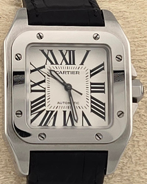 Cartier Santos 100 De Cartier 33MM Silver Dial Leather Strap (2878)