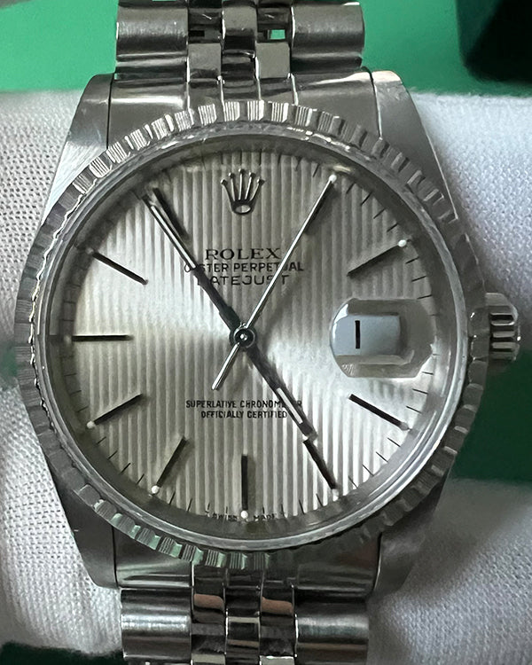 1991 (E Serial) Rolex Datejust 36MM "Tapestry" Silver Dial Jubilee Bracelet (16220)