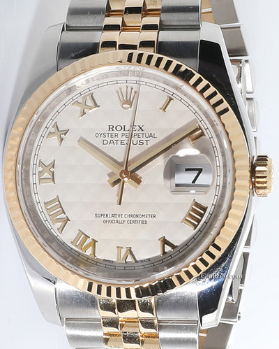 2013 Rolex Datejust 36MM Pyramid Ivory Dial Two-Tone Jubilee Bracelet (116233)