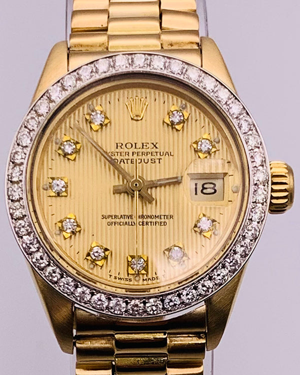 Rolex Oyster Perpetual Lady Date 26MM Aftermarket Champagne "Tapestry" Dial Aftermarket Yellow Gold President Bracelet (6917)