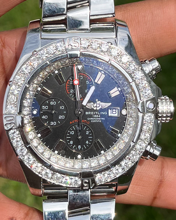 Breitling Super Avenger 48MM Aftermarket Diamonds Black Dial Steel Bracelet (A13370)