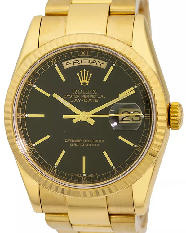 2000 (P Serial) Rolex Day-Date 36MM Black Dial Yellow Gold Oyster Bracelet (118238)