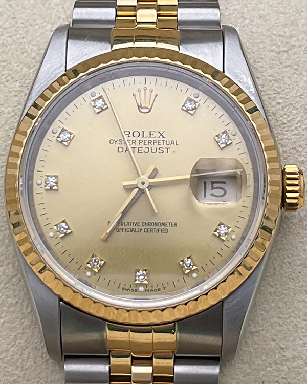 1991 Rolex Datejust 36 Jubilee Two-Tone Factory Diamonds Golden Dial (16233)