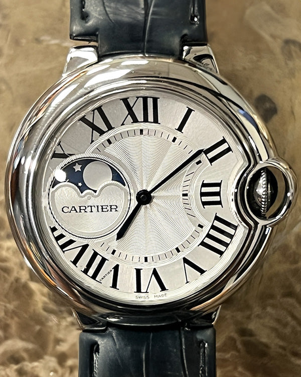 Cartier Ballon Bleu Moonphase 37MM Silver Dial Leather Strap (WSBB0020)