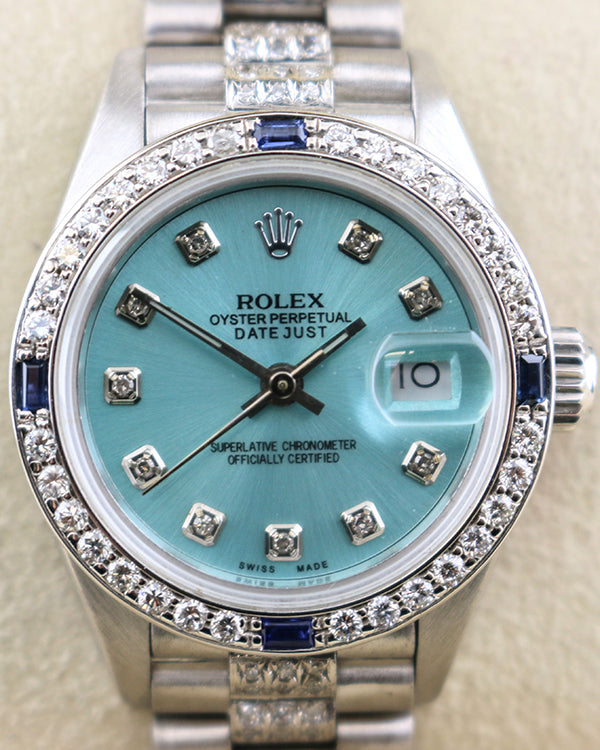 Rolex Lady-Datejust 26MM Aftermarket Glacier Blue Dial Diamonds/White Gold President Bracelet (69139)