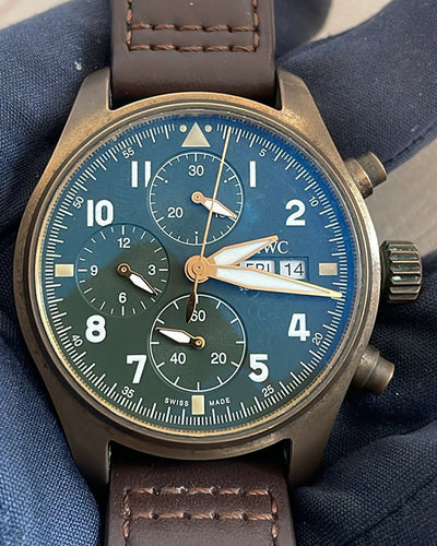 2021 IWC Schaffhausen Pilot Spitfire Chronograph 41MM Green Dial Leather Strap (IW387902)