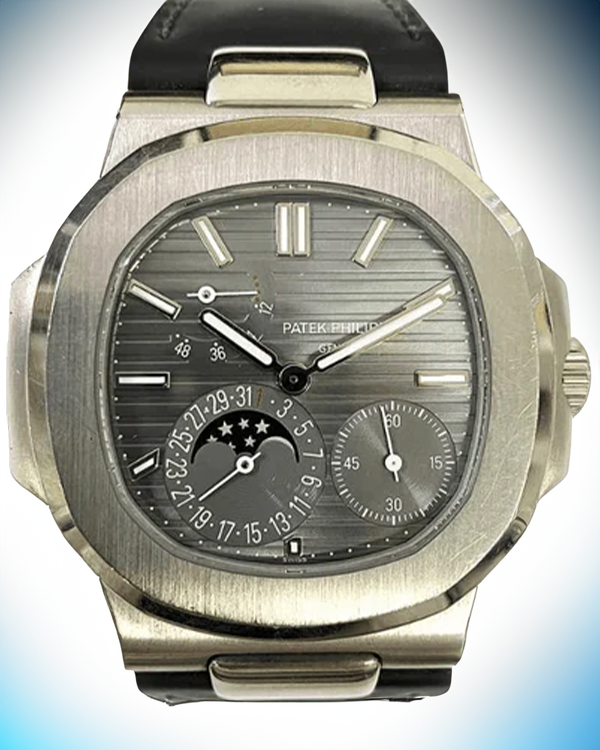 2012 Patek Philippe Nautilus Moonphase 40MM Grey Dial Leather Strap (5712G-001)