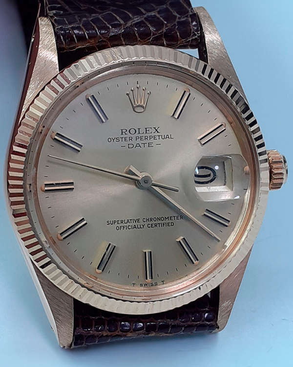 Rolex Oyster Perpetual Date 34MM Champagne Dial Leather Strap (15038)