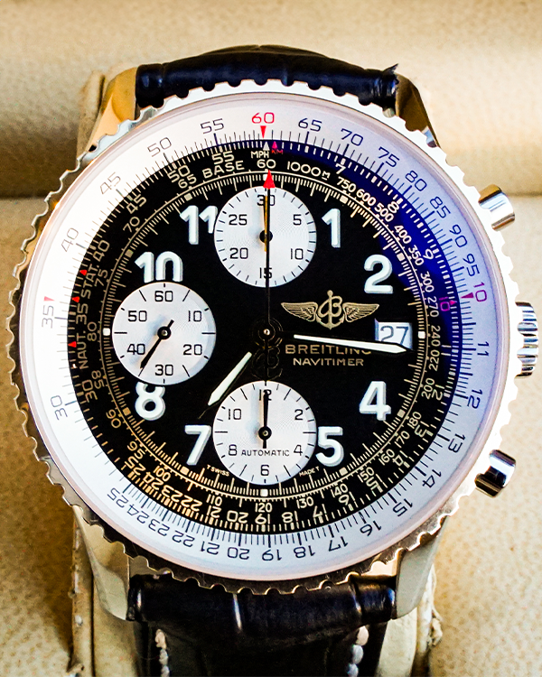 2002 Breitling Old Navitimer 41MM 18k Yellow Gold Bezel Black Dial Lea ...