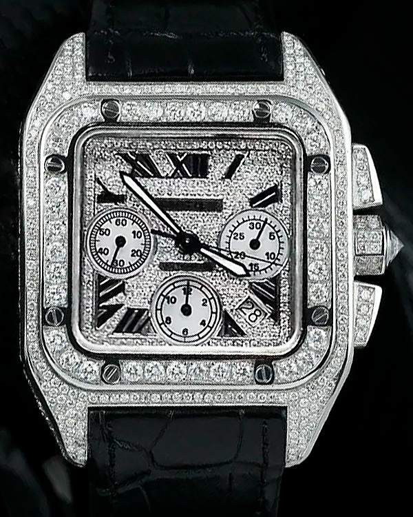 Cartier Santos De Cartier 100 XL 48MM Pavé Dial Leather Strap Aftermarket Diamonds (W20090X8)