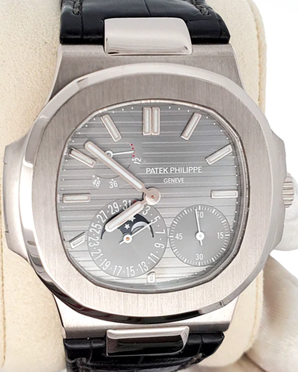 2015 Patek Philippe Nautilus Moon Phase 40MM Grey Dial Leather Strap (5712G-001)