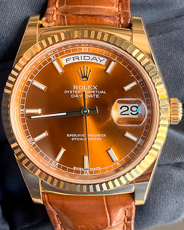 Rolex Day-Date 36MM Cognac Dial Leather Strap (118138)