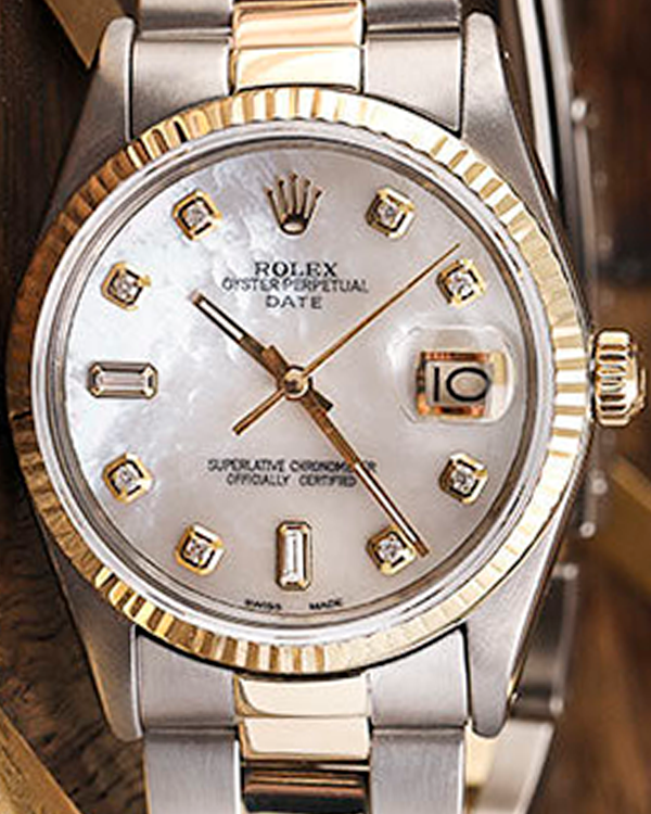 Rolex Oyster Perpetual Date 34MM Mother Of Pearl Diamond Dial Two-Tone Oyster Bracelet (15223)