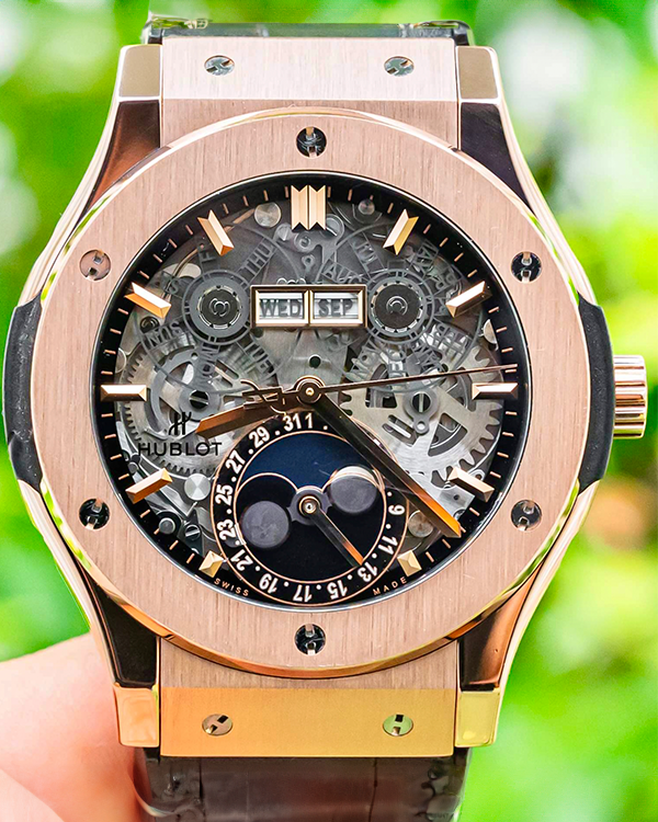 Hublot Classic Fusion Aerofusion "Moonphase" 45mm Skeleton Dial Leather Strap (517.OX.0180.LR)