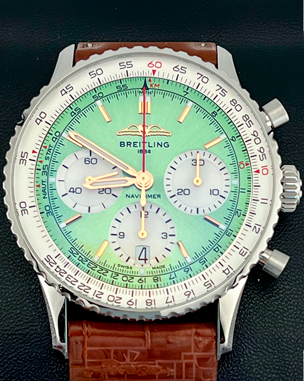 No Reserve - 2023 Breitling Navitimer B01 Chronograph 41MM Green Dial Leather Strap (AB0139211L1P1)