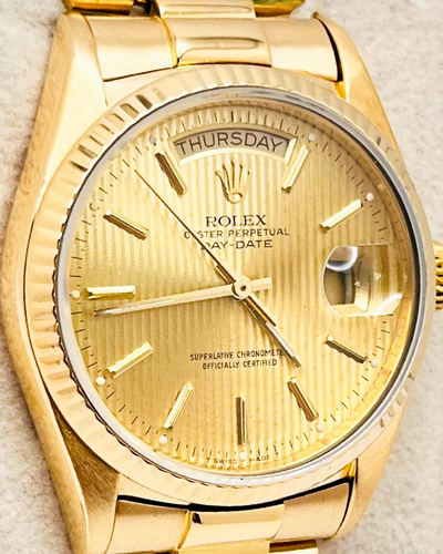 1987 (9.1 Mill Serial) Rolex Day-Date 36MM Champagne "Tapestry" Dial Yellow Gold President Bracelet (18038)