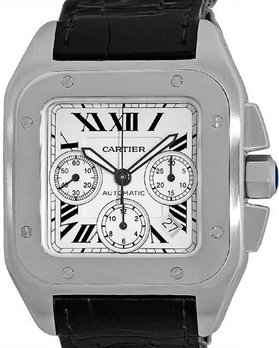 Cartier Santos 100 XL Chronograph 41.5MM Silver Dial Leather Strap (W20090X8)