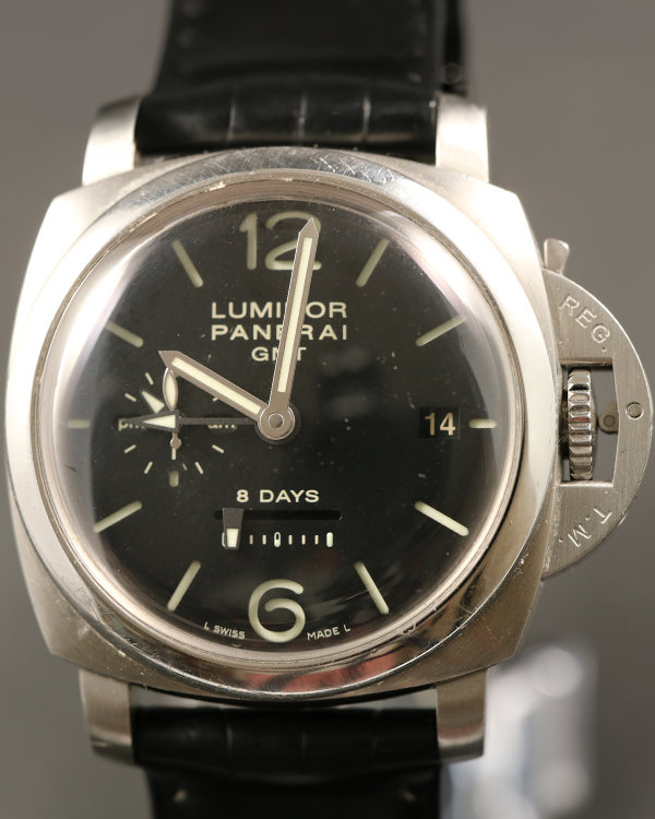 2014 Panerai Luminor 1950 8 Days GMT 44MM Black Dial Leather Strap (PAM00233)