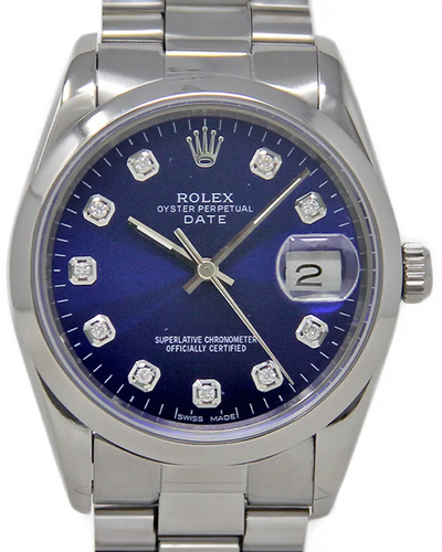 Rolex Oyster Perpetual Date 34MM Steel Customized Diamonds Blue Dial (15200)