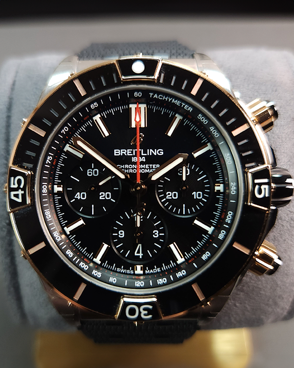 Breitling Super Chronomat Rose Gold/Steel 44MM Black Dial Rubber/Textile Strap (UB0136251B1S1)