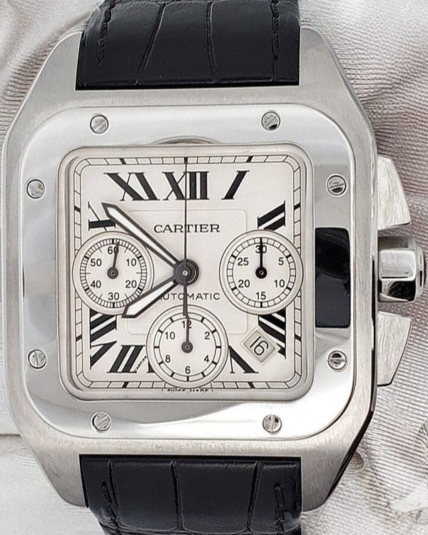 Cartier Santos 100 XL Chronograph 41MM White Dial Leather Strap (W20090X8)