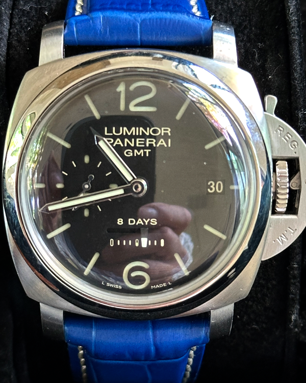 Panerai Luminor 1950 8 Days GMT 44MM Black Dial Aftermarket Leather Strap (PAM00233)