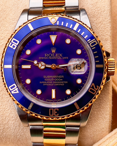 1991 (X Serial) Rolex Submariner Date "Bluesy" 40MM Purple Patina Dial Two-Tone Oyster Bracelet (16613)