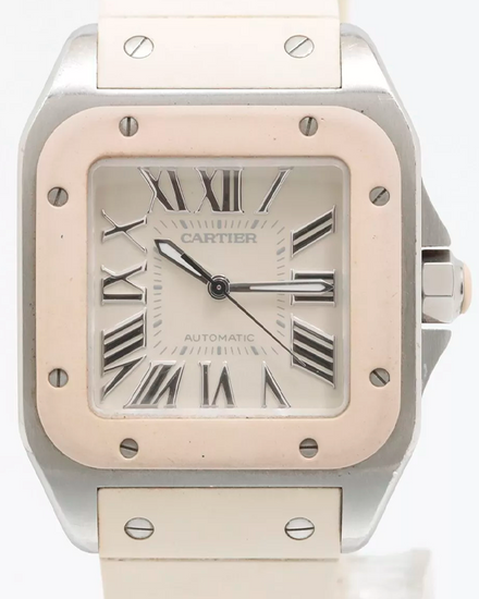 Cartier Santos 100 de Cartier 33MM White Dial Rubber Strap (W20122U2)