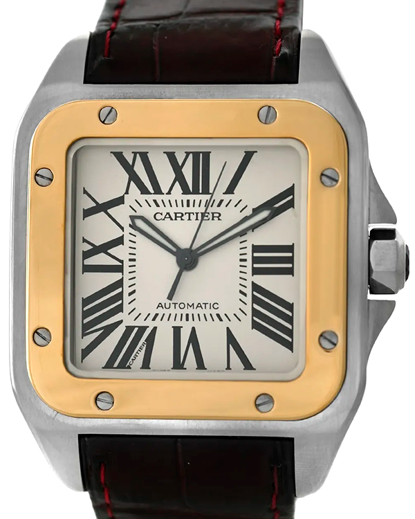 Cartier Santos 100 XL De Cartier 38MM Silver  Dial Leather Strap (W20077X7)