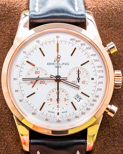 Breitling Transocean Chronograph 43MM Silver Dial Leather Strap (RB015212/G738)