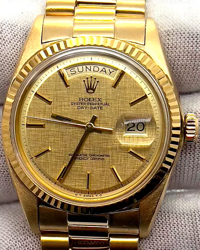 Rolex Day-Date 36MM Champagne Linen Pie Pan Dial Yellow Gold President Bracelet (1803)