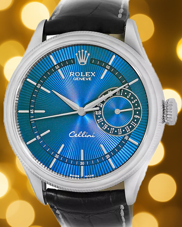 Rolex Cellini Date 39MM Blue “Rayon Flammé de la Gloire” Dial Leather Strap (50519)