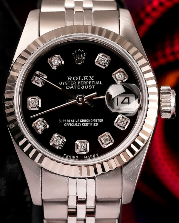 Rolex Lady Datejust 26MM Black Dial Steel Bracelet Aftermarket Diamonds (69174)