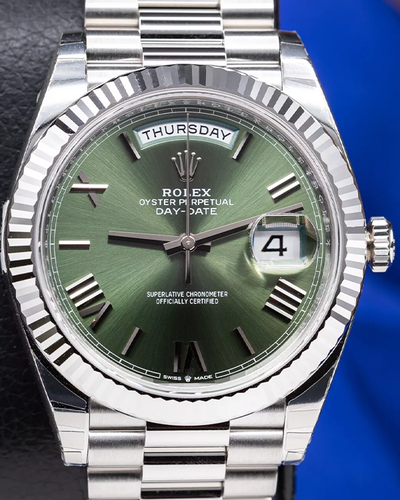 2023 Rolex Day-Date 40MM Olive Green Dial Platinum President Bracelet (228236)