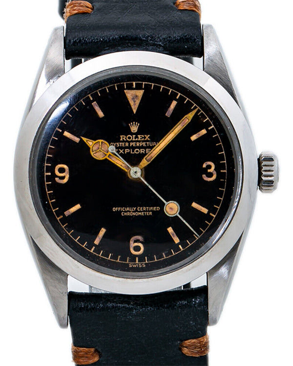 Vintage Rolex Explorer Oyster Perpetual 36MM Tropical Black Dial Leather Strap (6610)