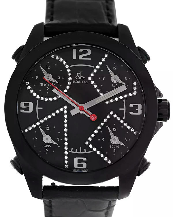 Jacob & Co. Five Time Zones 40MM Quartz Black Dial Leather Strap (JCM-2BCDA)