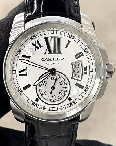 2011 Cartier Calibre de Cartier 42MM Silver Dial Leather Strap (W7100037)