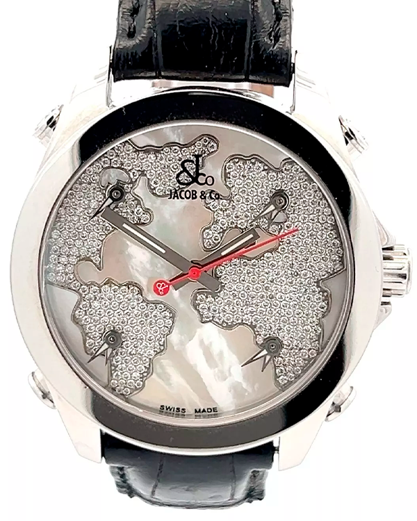 Jacob & Co. Five Time Zones "The World Is Yours" 40MM Quartz Mother Of Pearl Dial Leather Strap (JC-40)