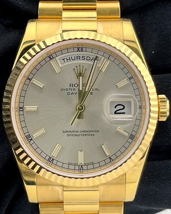 Rolex Day-Date "President" 36MM Silver Dial Yellow Gold President Bracelet (118238)